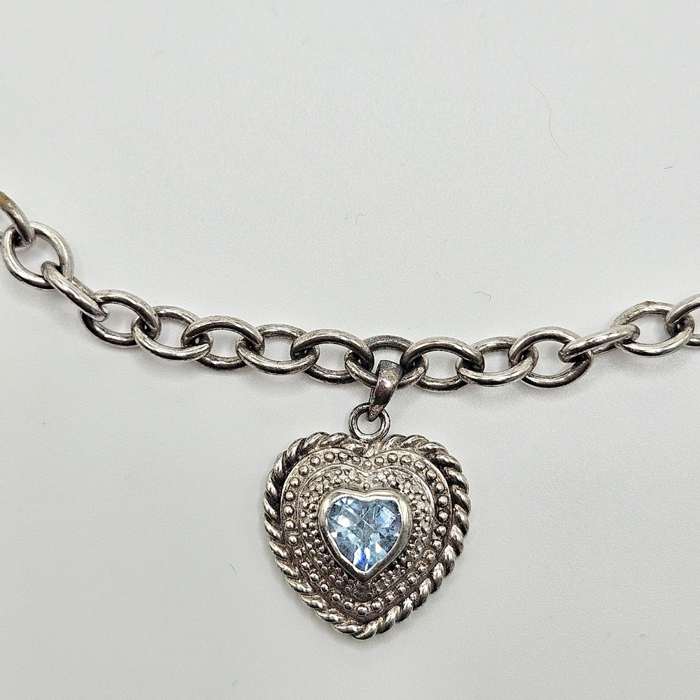 Sterling Silver Blue Topaz Heart Necklace Chain Toggle Clasp 17" VTG